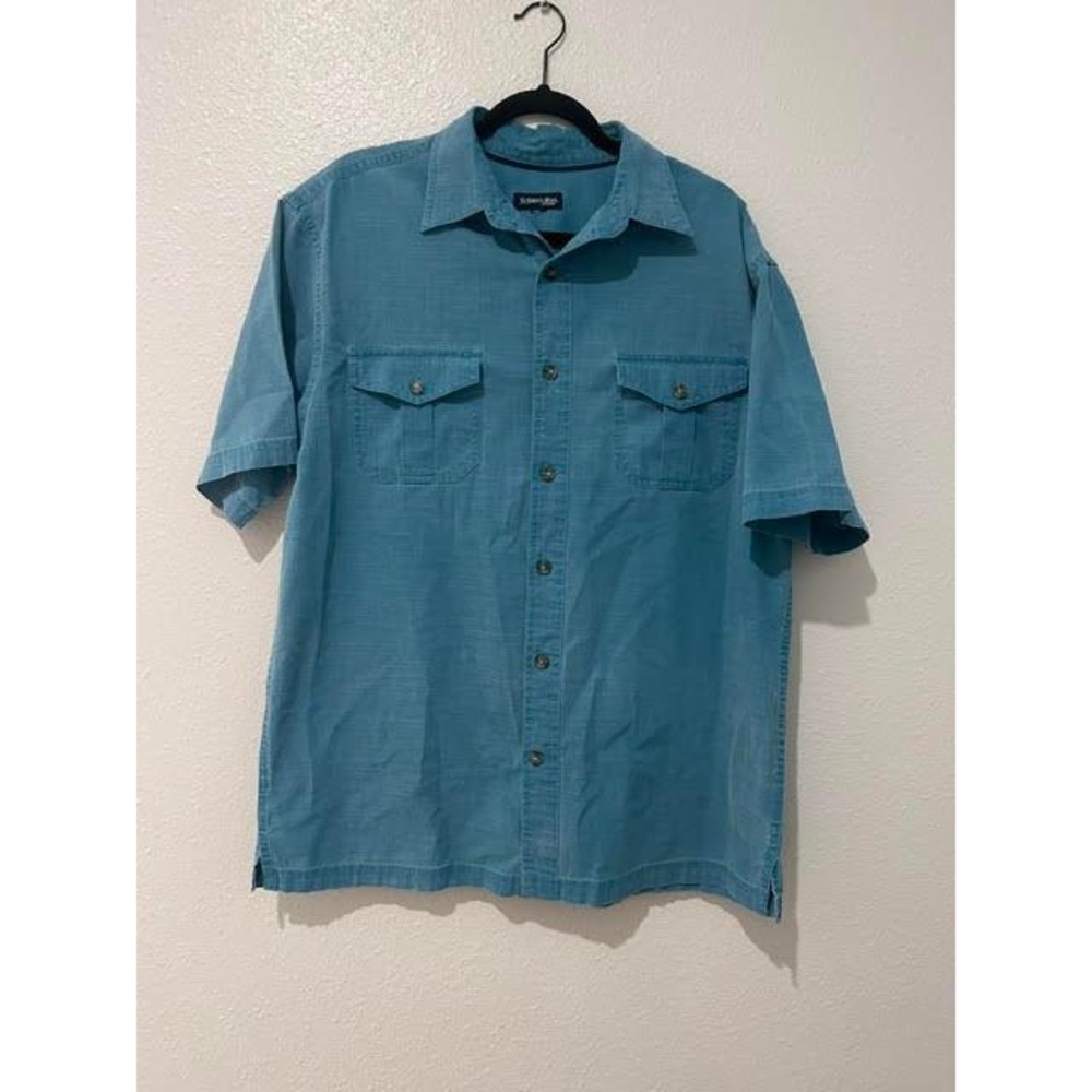 St Johns Bay Mens Medium Teal Blue Short Sleeve Button Down Slub Texture Shirt